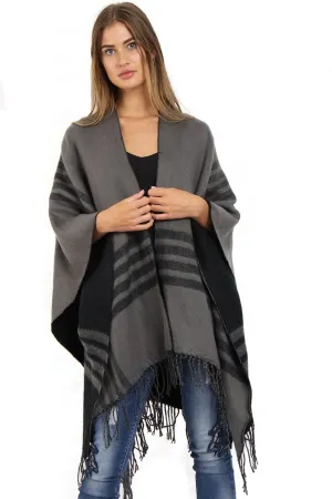 Black and Grey Check Tassel Blanket Reversible Poncho