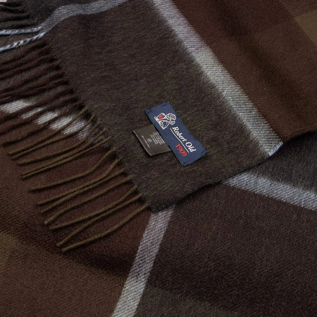 Brown and Blue Windowpane Check Cashmere Scarf