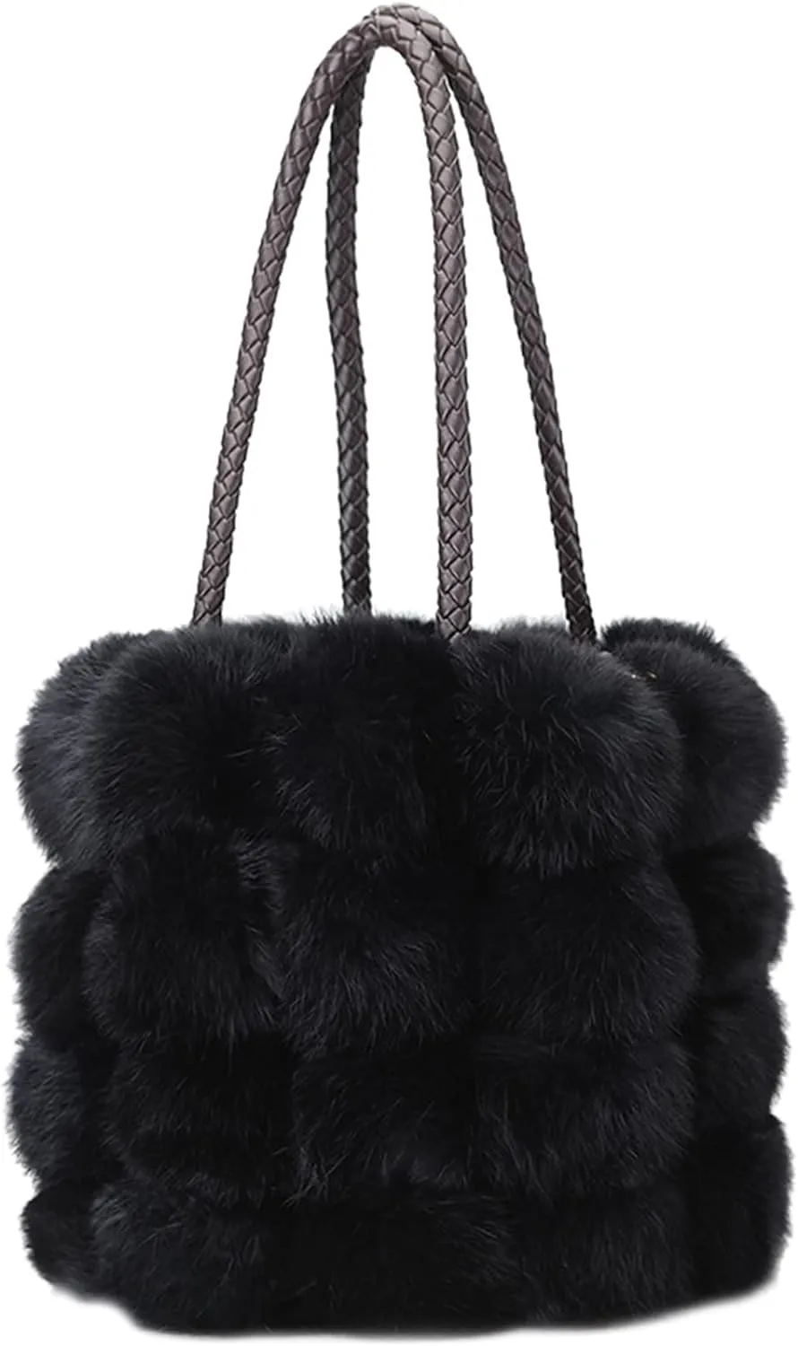 Brown Plush Faux Fur Bucket Handbag