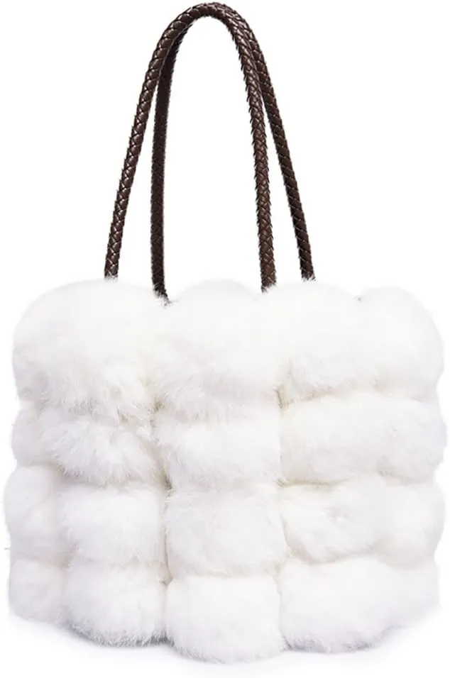 Brown Plush Faux Fur Bucket Handbag