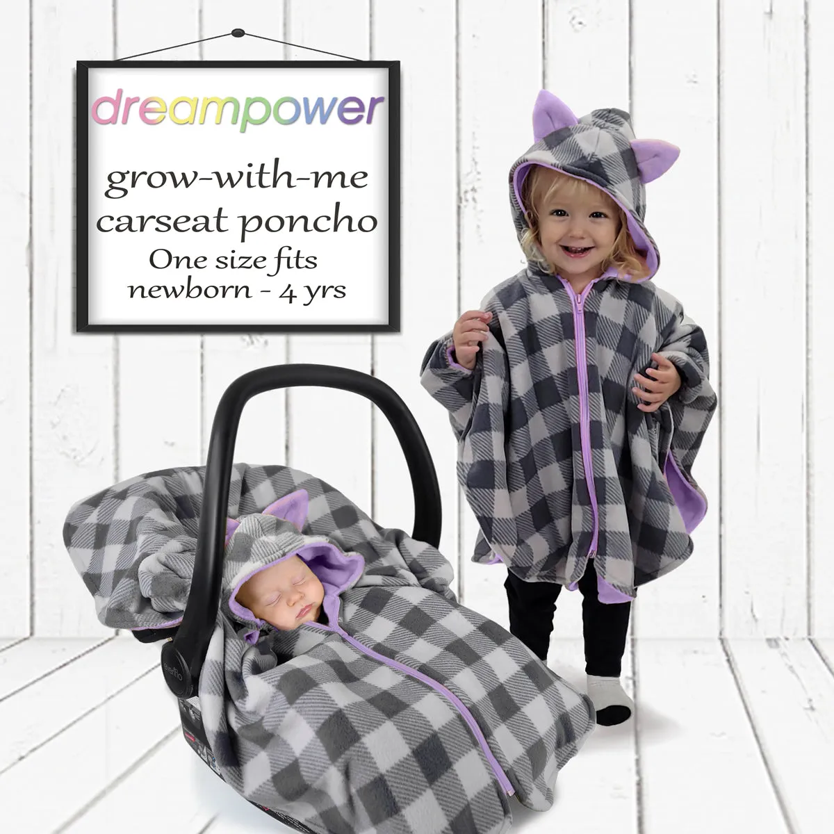 Car Seat Poncho - Lumberjack - Grey Plaid to Lavendar Wolf for newborn to toddler