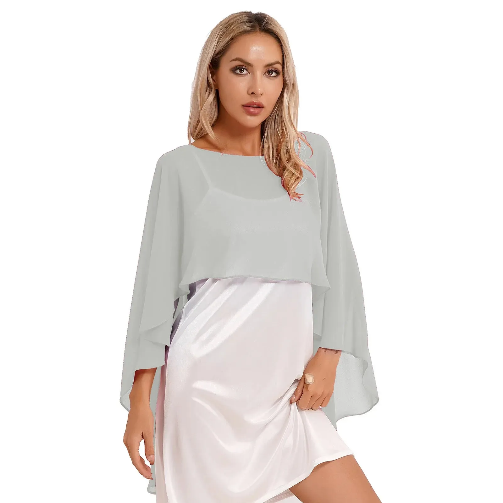 Chiffon Solid Pullover Shawl Hi-low Hem Thin Soft Ponchos