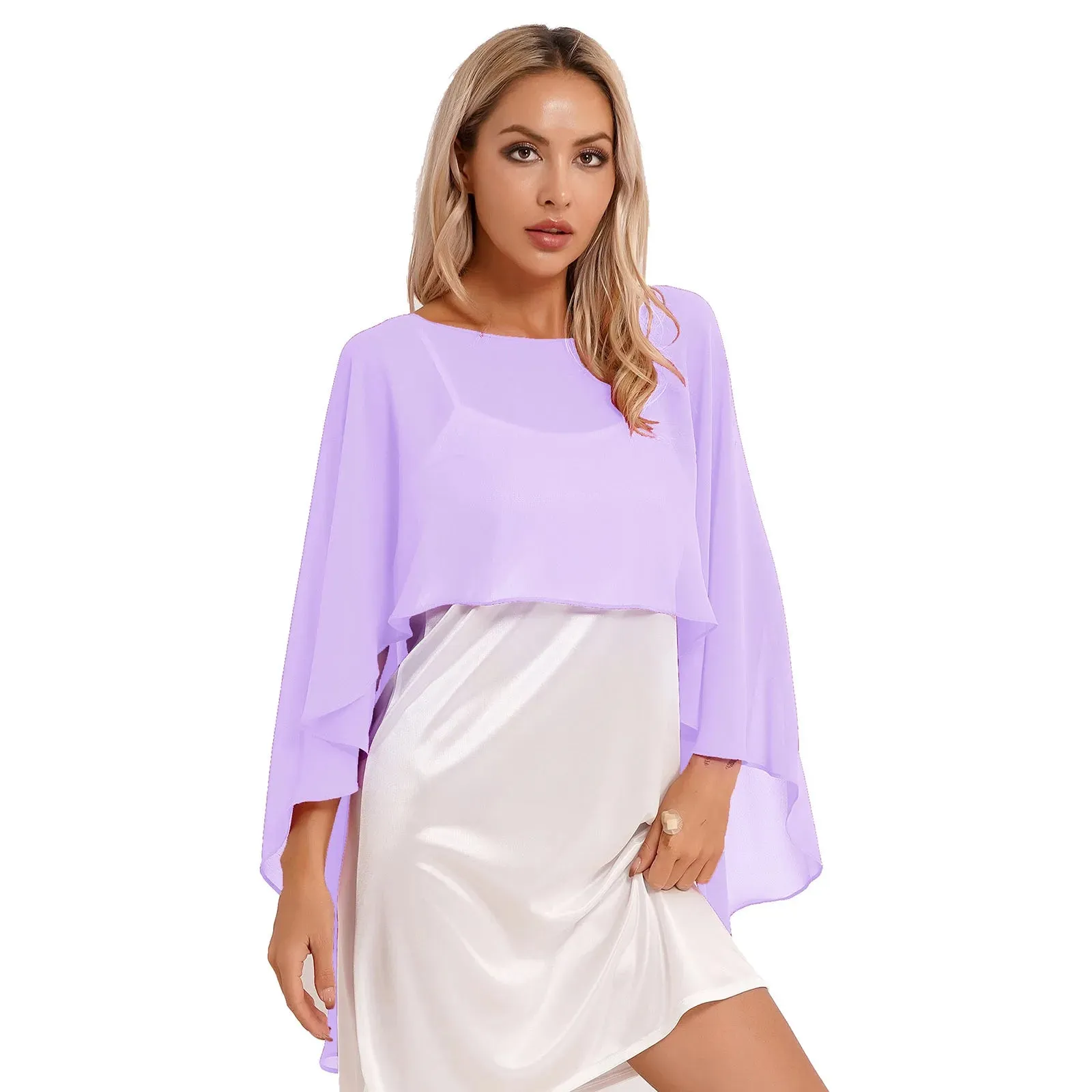 Chiffon Solid Pullover Shawl Hi-low Hem Thin Soft Ponchos