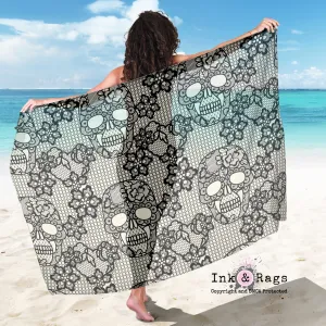 Large Sheer Black and Cream Lace Skull Scarf, Sarong, Shawl