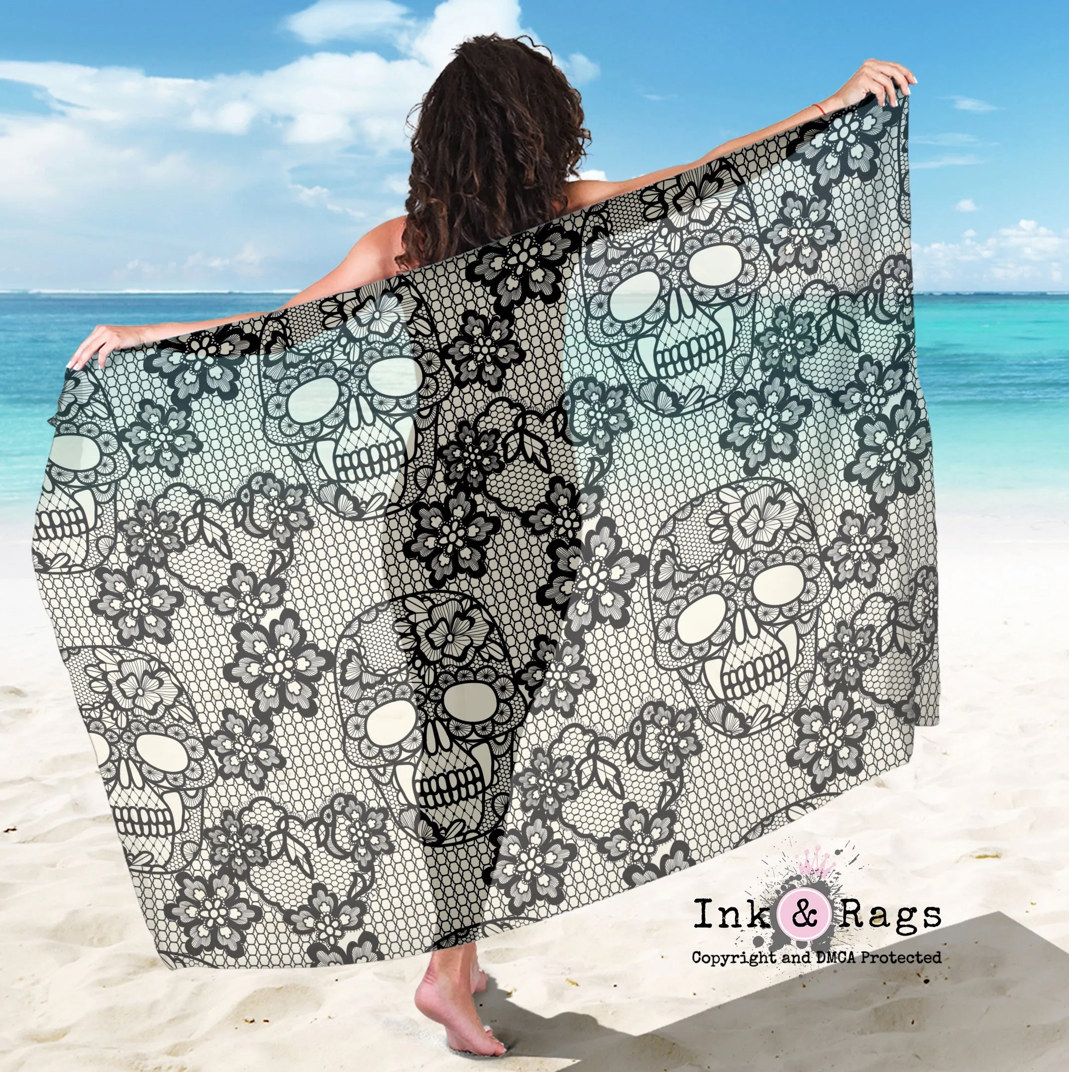 Large Sheer Black and Cream Lace Skull Scarf, Sarong, Shawl