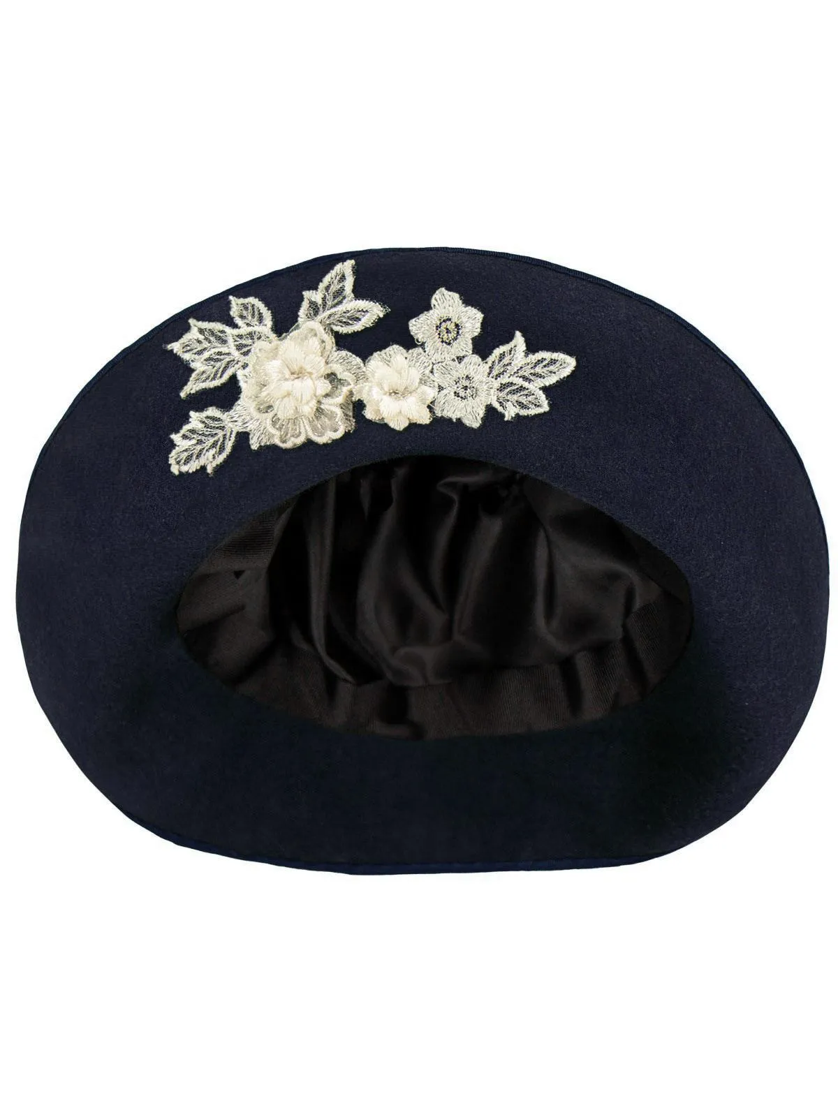 Navy Blue Floral Applique 1940s Vintage Style Halo Hat