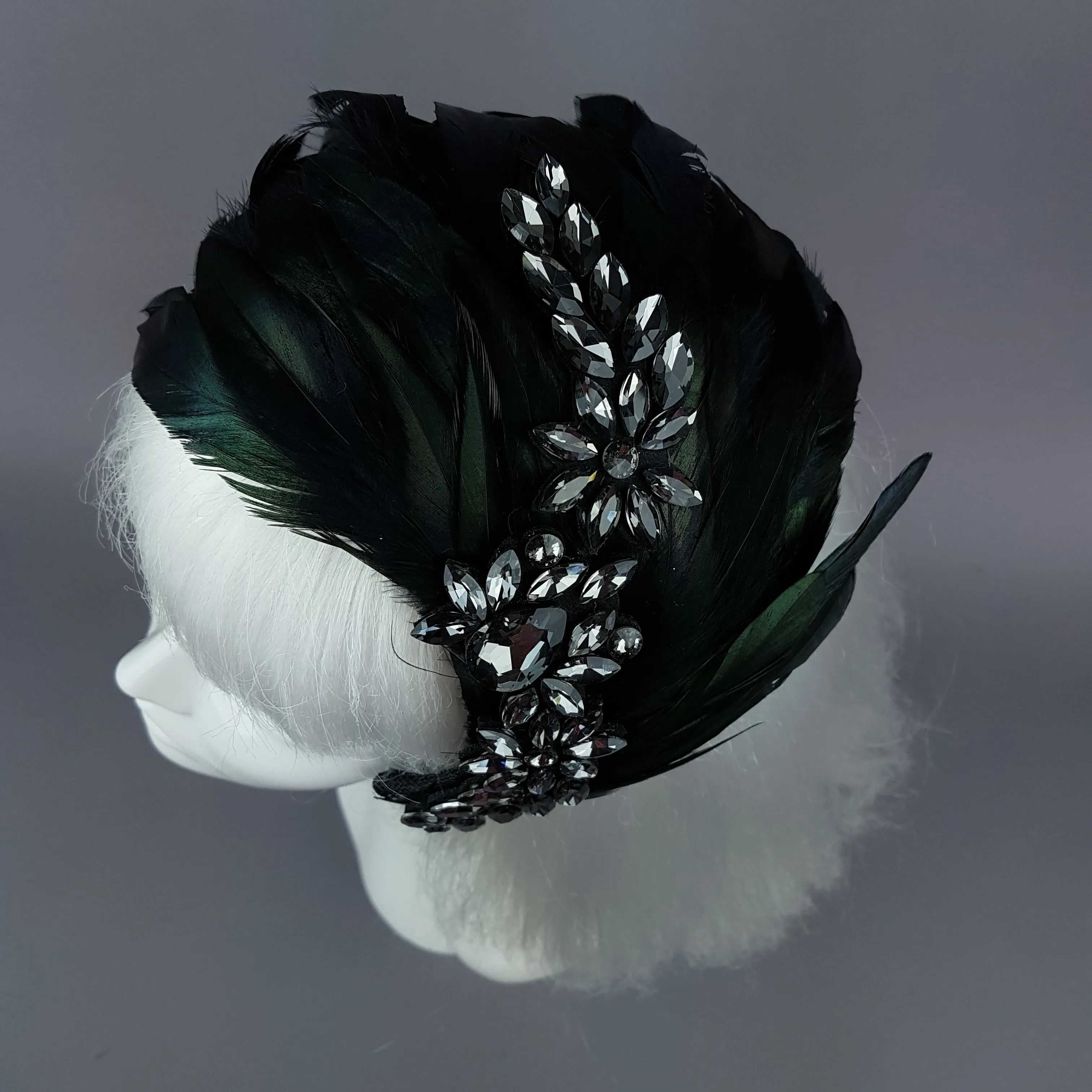 "Plume in Black" Vintage Inspired Feather & Jewel Fascinator