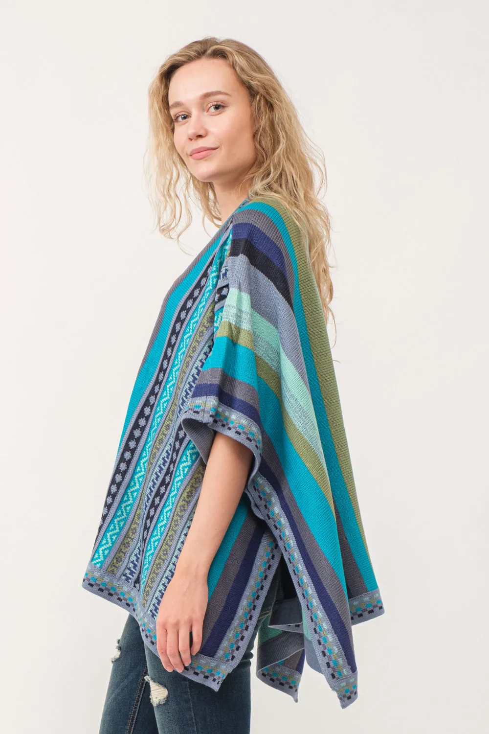 RAJ CORA STRIPED PONCHO RUANA TUQUOISE