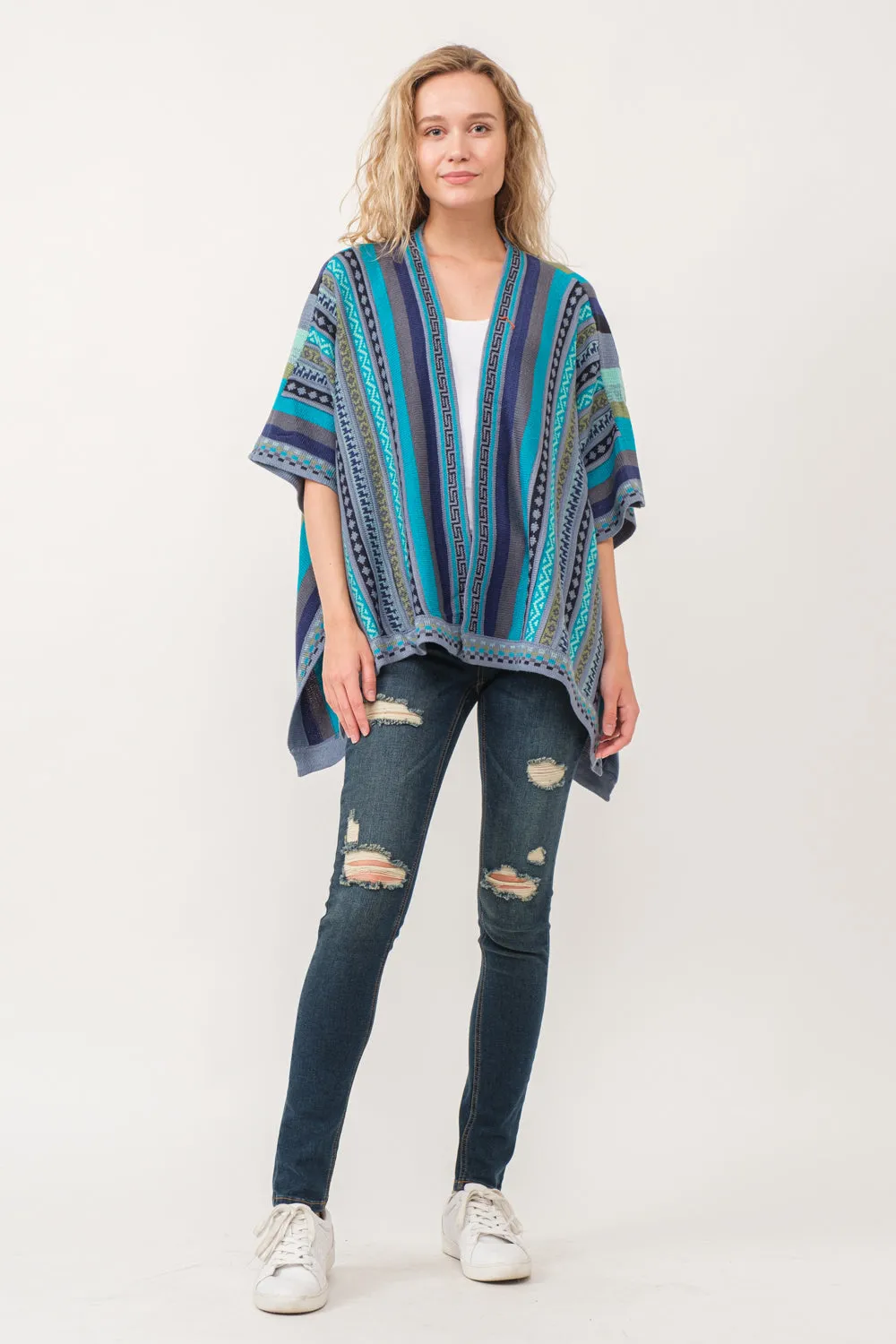 RAJ CORA STRIPED PONCHO RUANA TUQUOISE