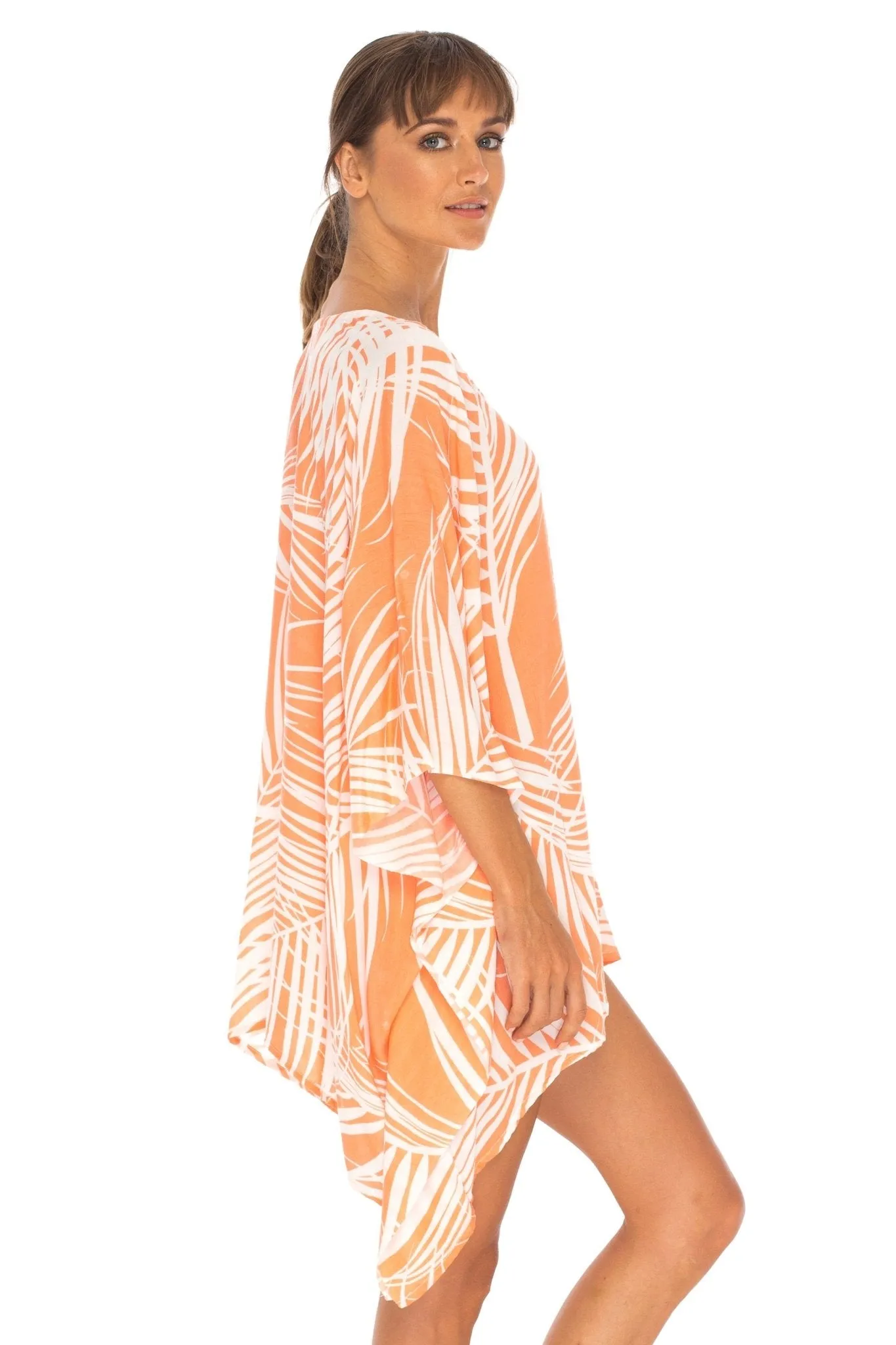 SHU-SHI PalmPrint Short Poncho Kaftan Top - Women's Beach Dress Swimwear, One Size