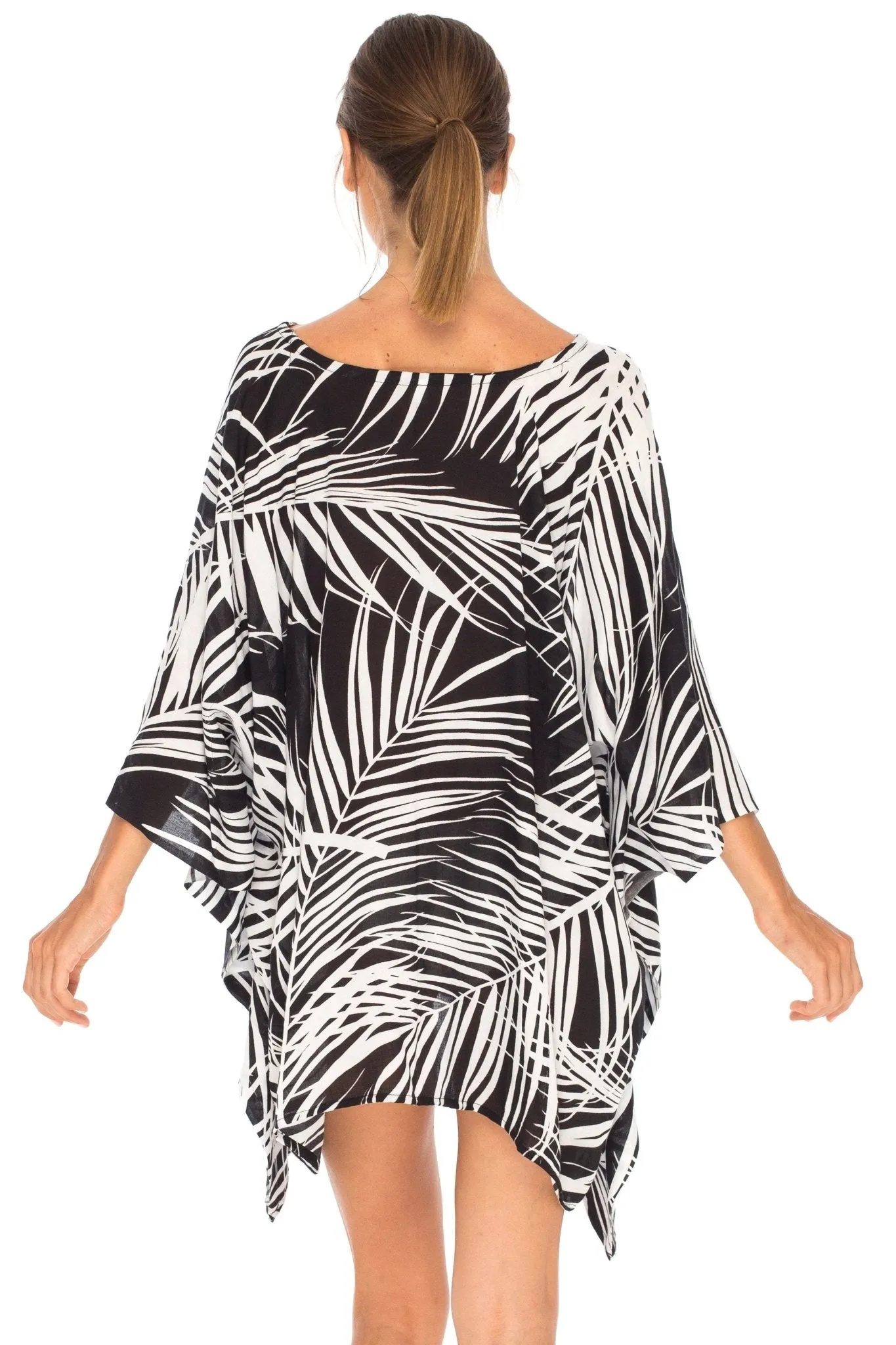 SHU-SHI PalmPrint Short Poncho Kaftan Top - Women's Beach Dress Swimwear, One Size