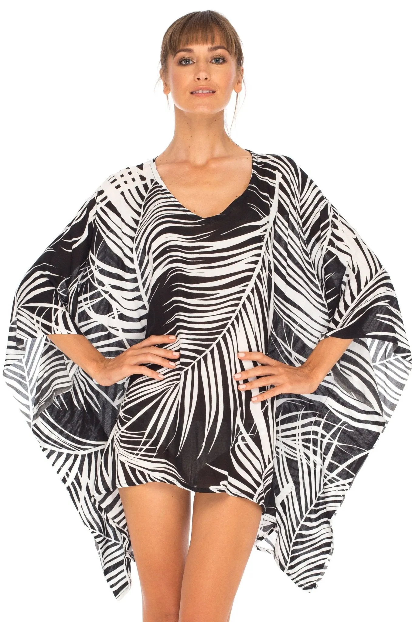 SHU-SHI PalmPrint Short Poncho Kaftan Top - Women's Beach Dress Swimwear, One Size