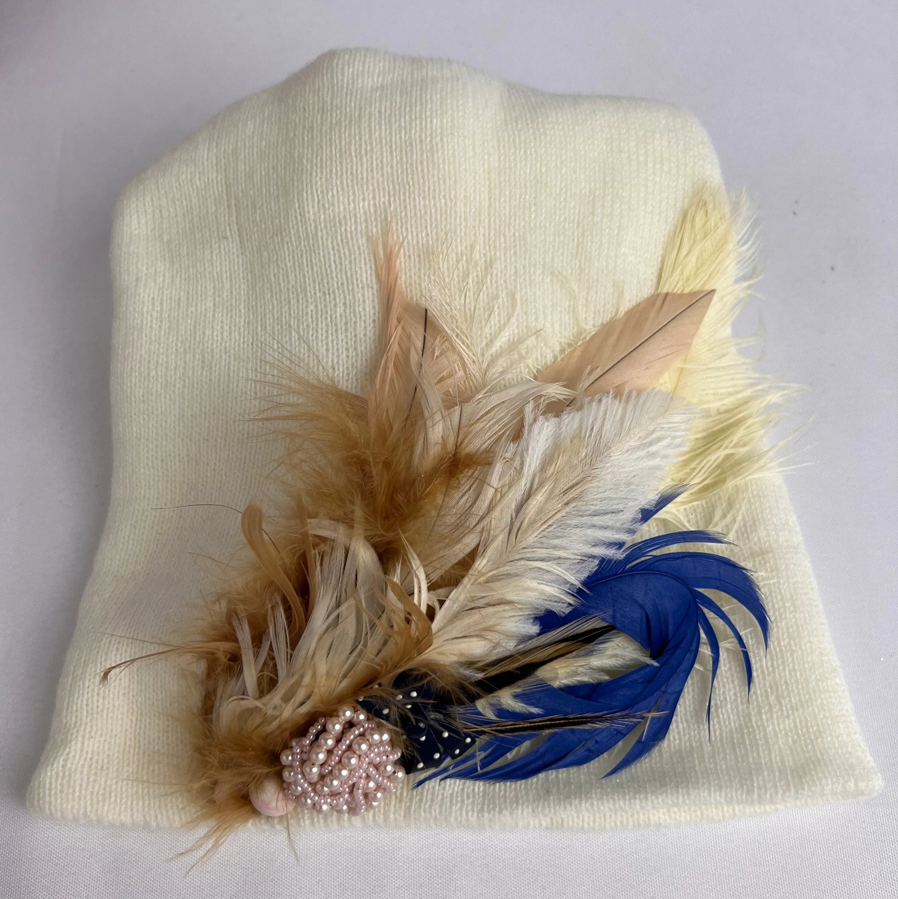 Unique Boho Flapper Jeweled Designer Feathered Winter Knit Hat