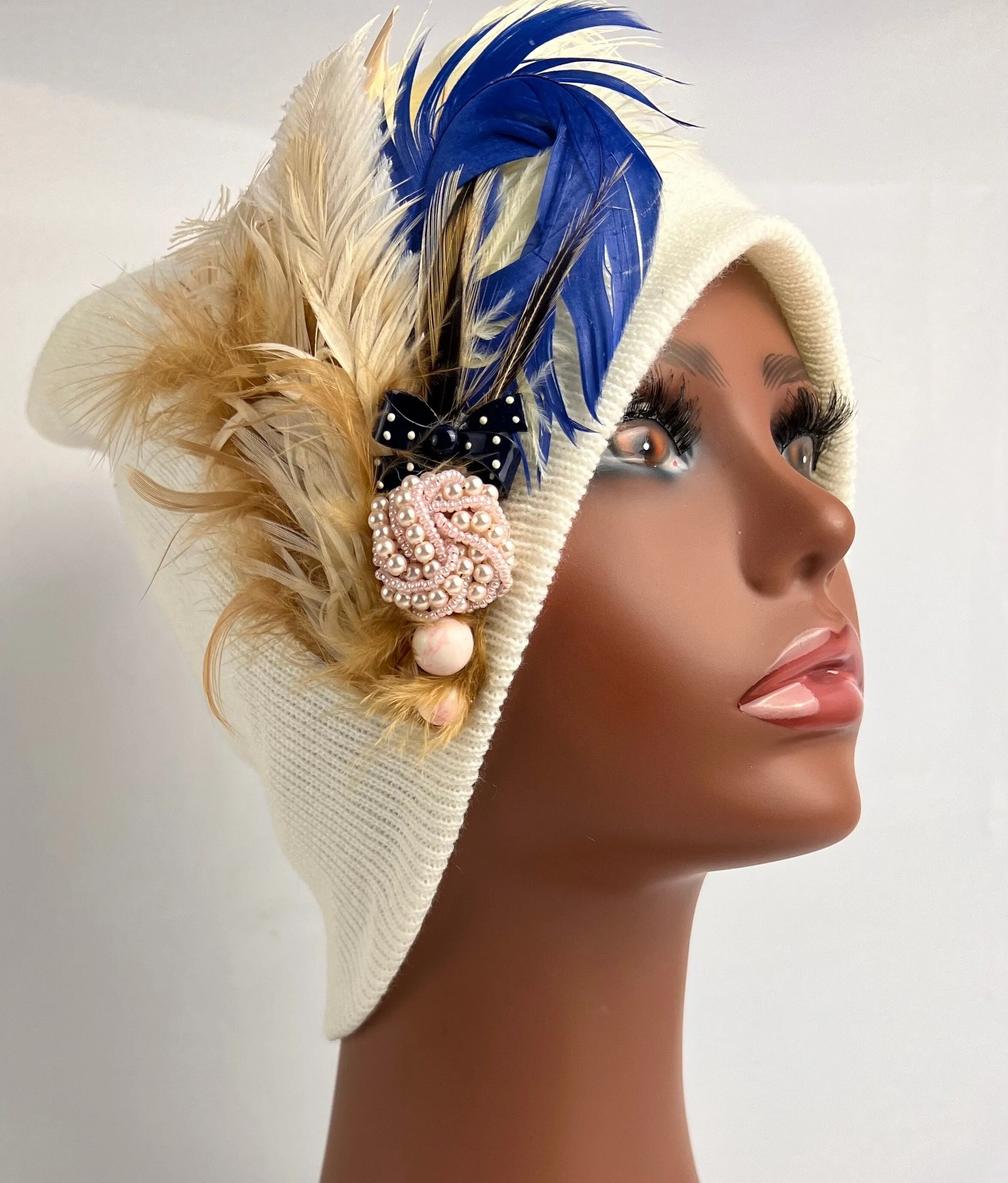 Unique Boho Flapper Jeweled Designer Feathered Winter Knit Hat