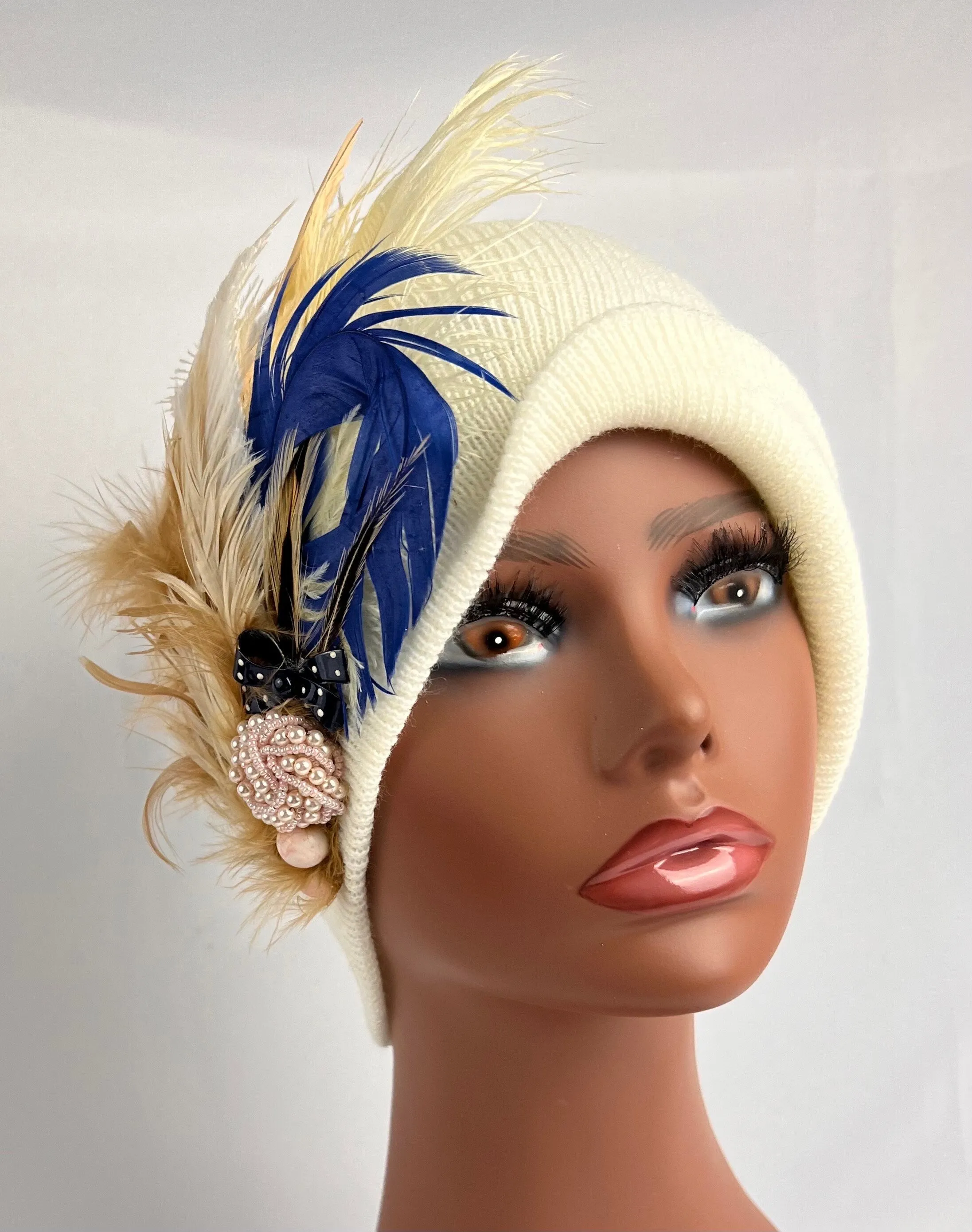 Unique Boho Flapper Jeweled Designer Feathered Winter Knit Hat