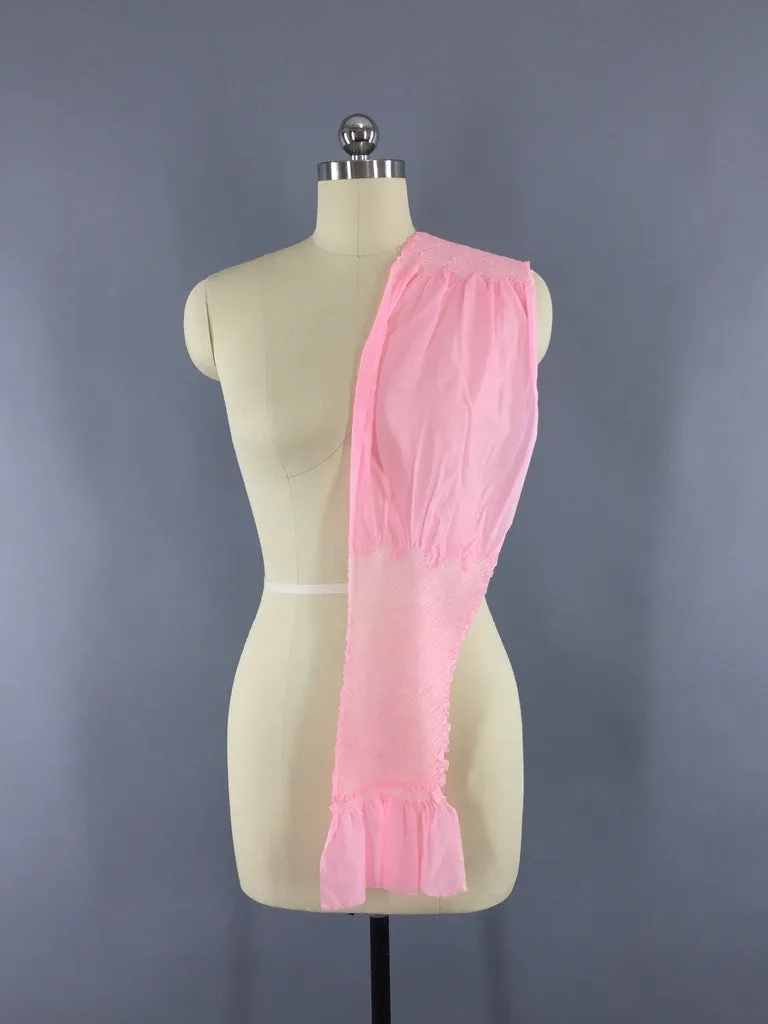 Vintage 1960s Silk Chiffon Kimono Obiage Scarf in Pastel Pink and White Shibori