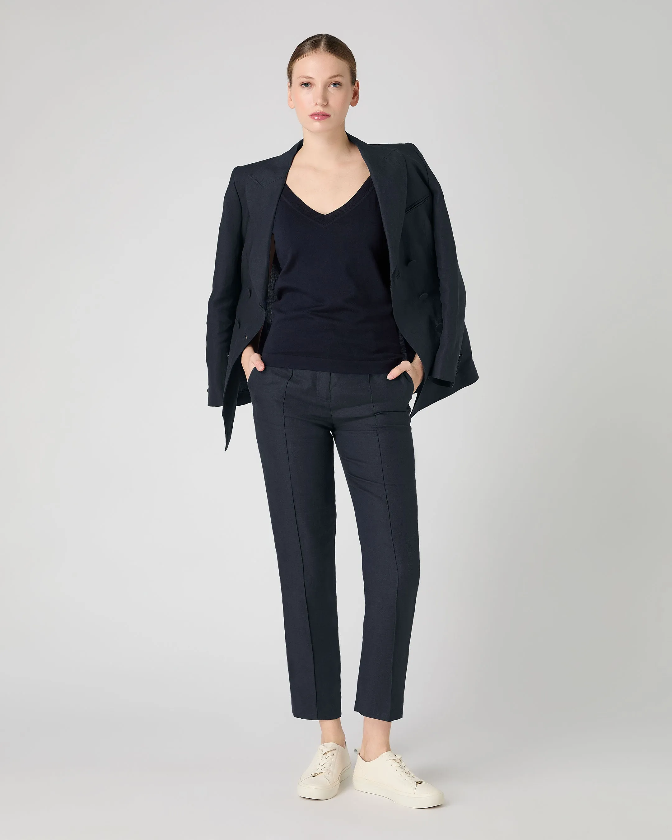 Women's Harper Crop Linen Trouser Navy Blue